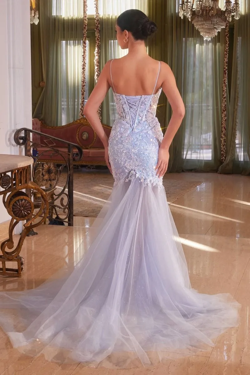 CD CB148 - Floral Sequin Fit & Flare Prom Gown with Sheer Boned Bodice Sheer Skirt & Lace Up Back