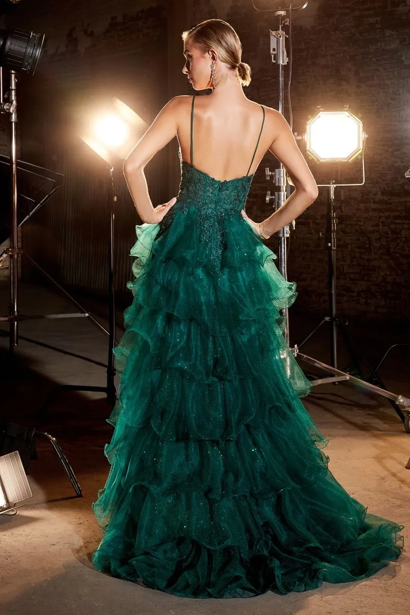 CD CC2998 - Tiered Ruffle Ball Gown with Sheer Lace Bodice & Leg Slit