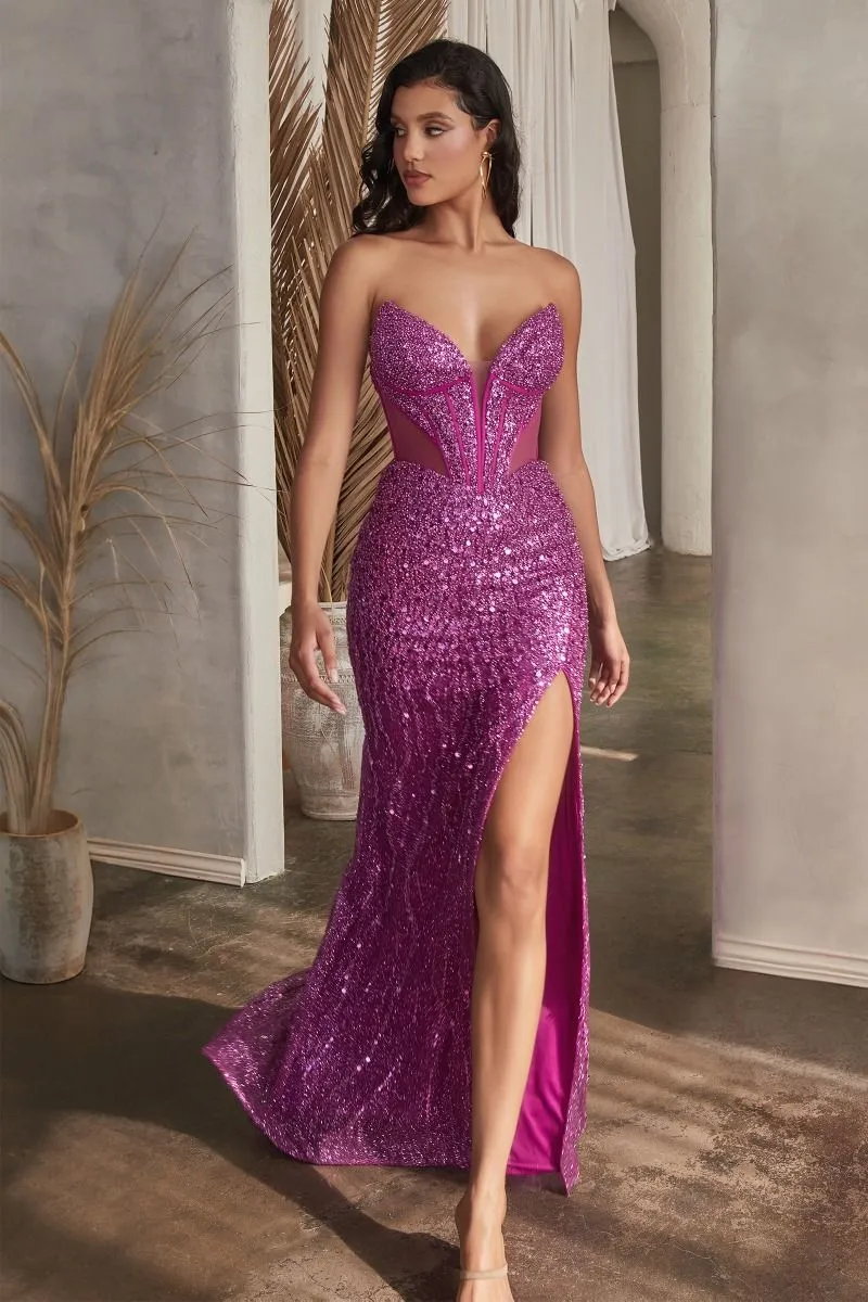 CD CD0227 - Strapless Full Sequin Fit & Flare Prom Gown with Sheer Boned Corset Bodice Leg Slit & Lace Up Corset Back