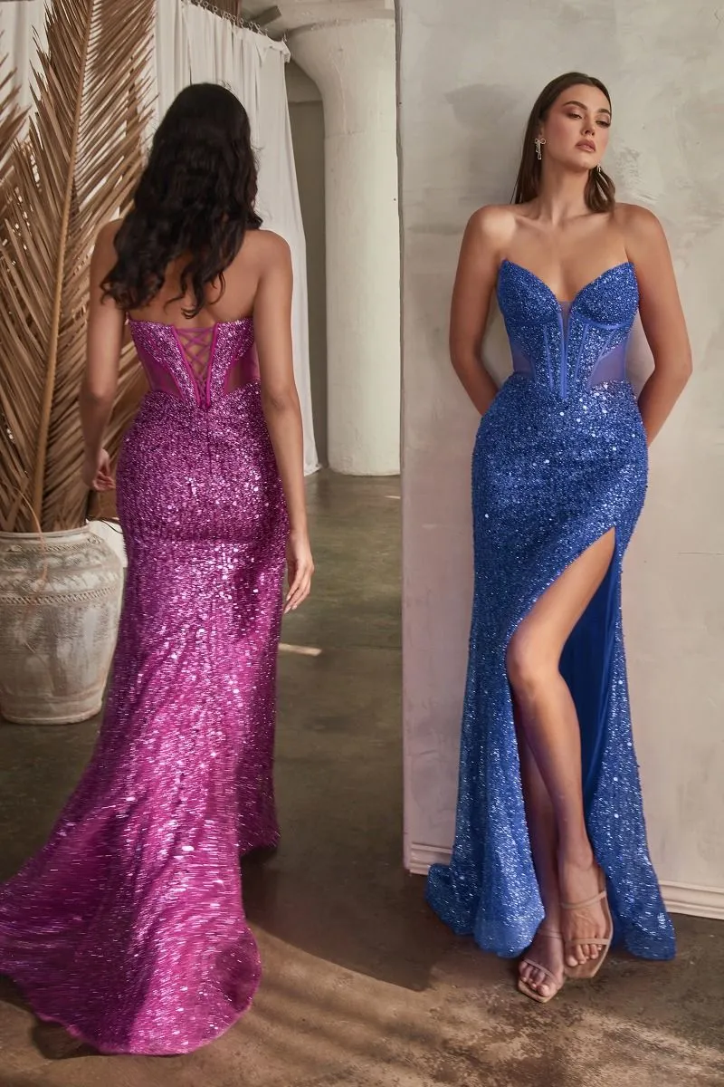 CD CD0227 - Strapless Full Sequin Fit & Flare Prom Gown with Sheer Boned Corset Bodice Leg Slit & Lace Up Corset Back