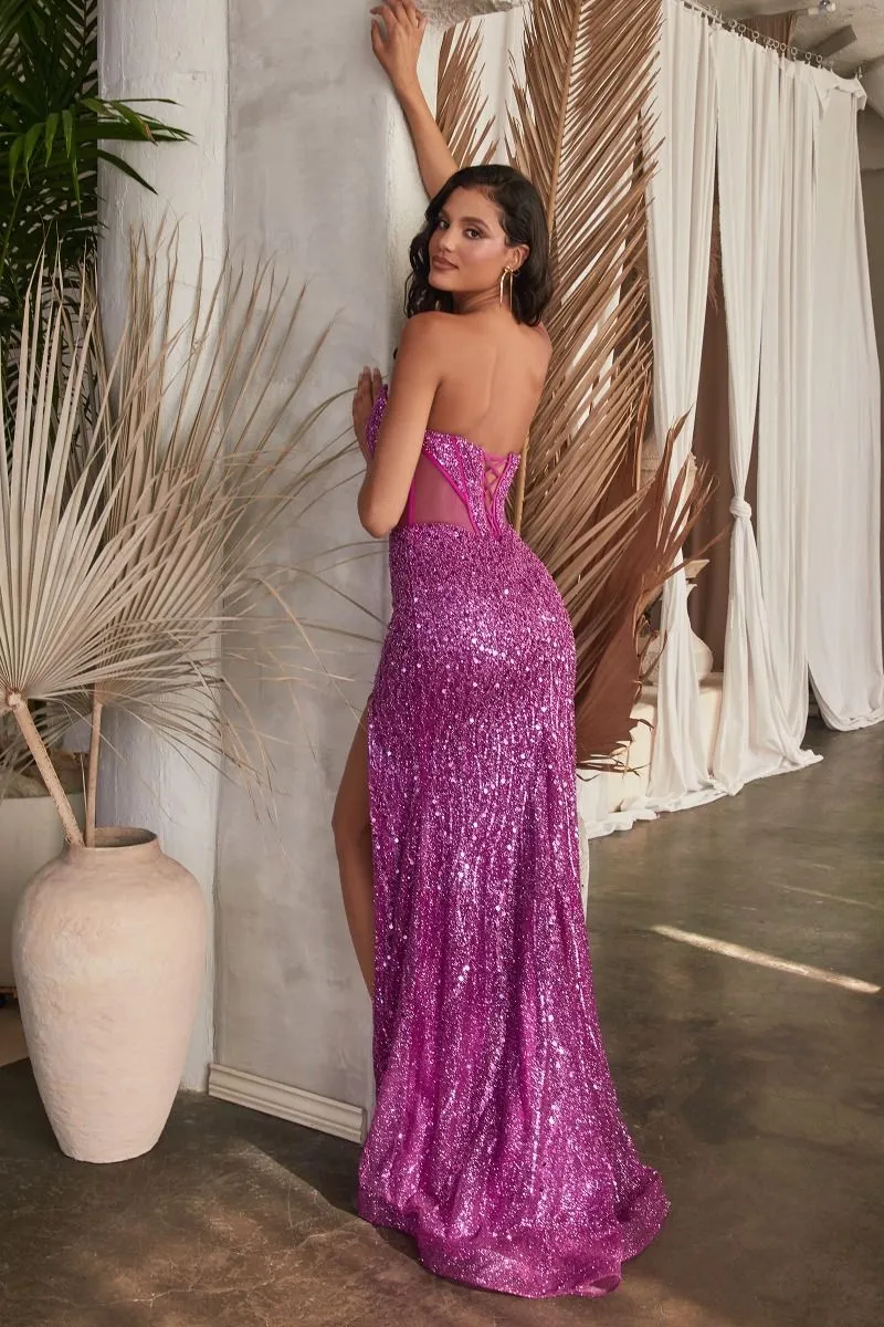 CD CD0227 - Strapless Full Sequin Fit & Flare Prom Gown with Sheer Boned Corset Bodice Leg Slit & Lace Up Corset Back