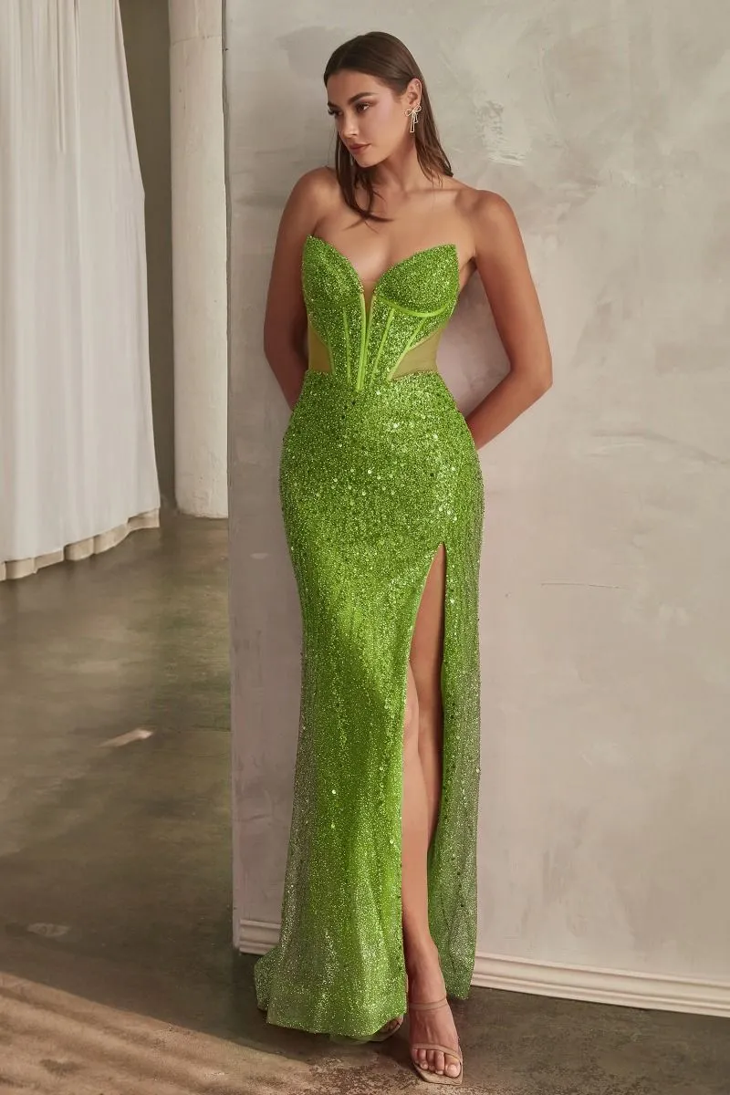 CD CD0227 - Strapless Full Sequin Fit & Flare Prom Gown with Sheer Boned Corset Bodice Leg Slit & Lace Up Corset Back