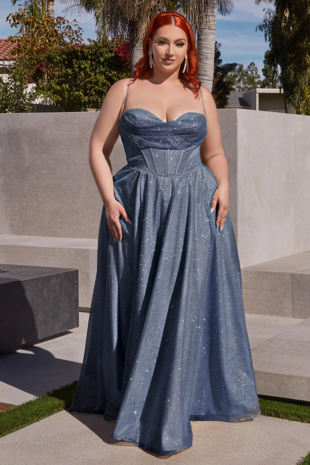 CD CD252C - Plus Size Shimmering A-Line Prom Gown with Boned Bodice Cowl Neck Open Corset Back & Leg Slit