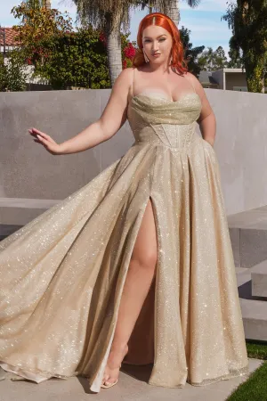 CD CD252C - Plus Size Shimmering A-Line Prom Gown with Boned Bodice Cowl Neck Open Corset Back & Leg Slit
