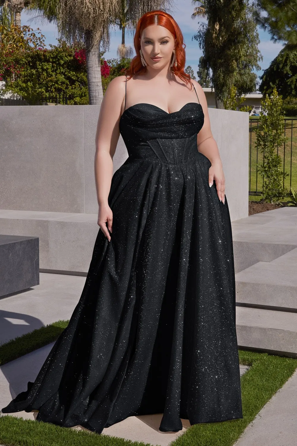 CD CD252C - Plus Size Shimmering A-Line Prom Gown with Boned Bodice Cowl Neck Open Corset Back & Leg Slit