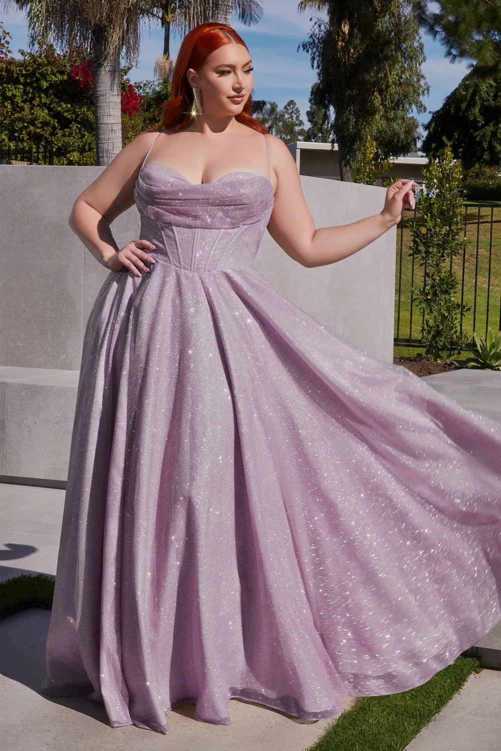 CD CD252C - Plus Size Shimmering A-Line Prom Gown with Boned Bodice Cowl Neck Open Corset Back & Leg Slit