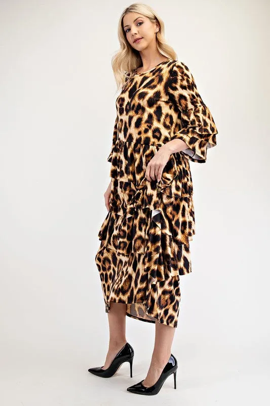 Celeste Full Size Leopard Asymmetrical Ruffle Midi Dress Plus Size