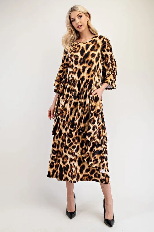 Celeste Full Size Leopard Asymmetrical Ruffle Midi Dress Plus Size