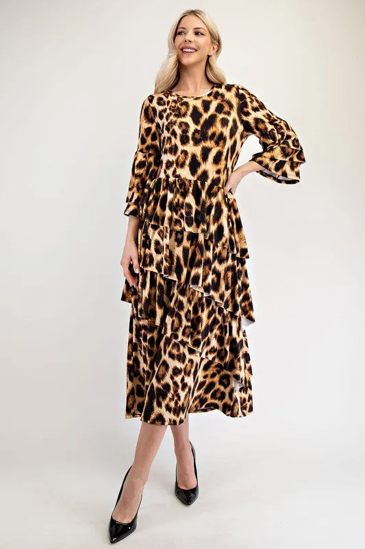 Celeste Full Size Leopard Asymmetrical Ruffle Midi Dress Plus Size