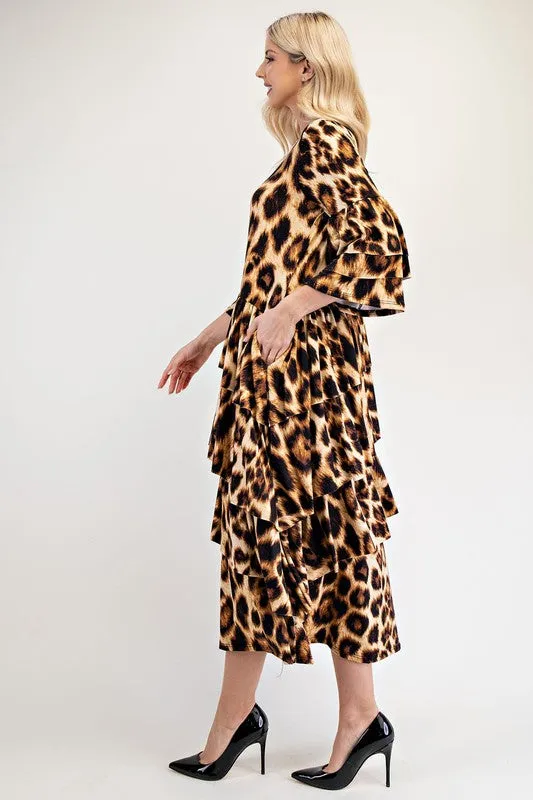 Celeste Full Size Leopard Asymmetrical Ruffle Midi Dress Plus Size