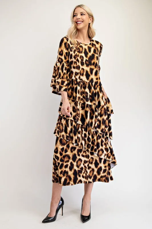 Celeste Full Size Leopard Asymmetrical Ruffle Midi Dress Plus Size