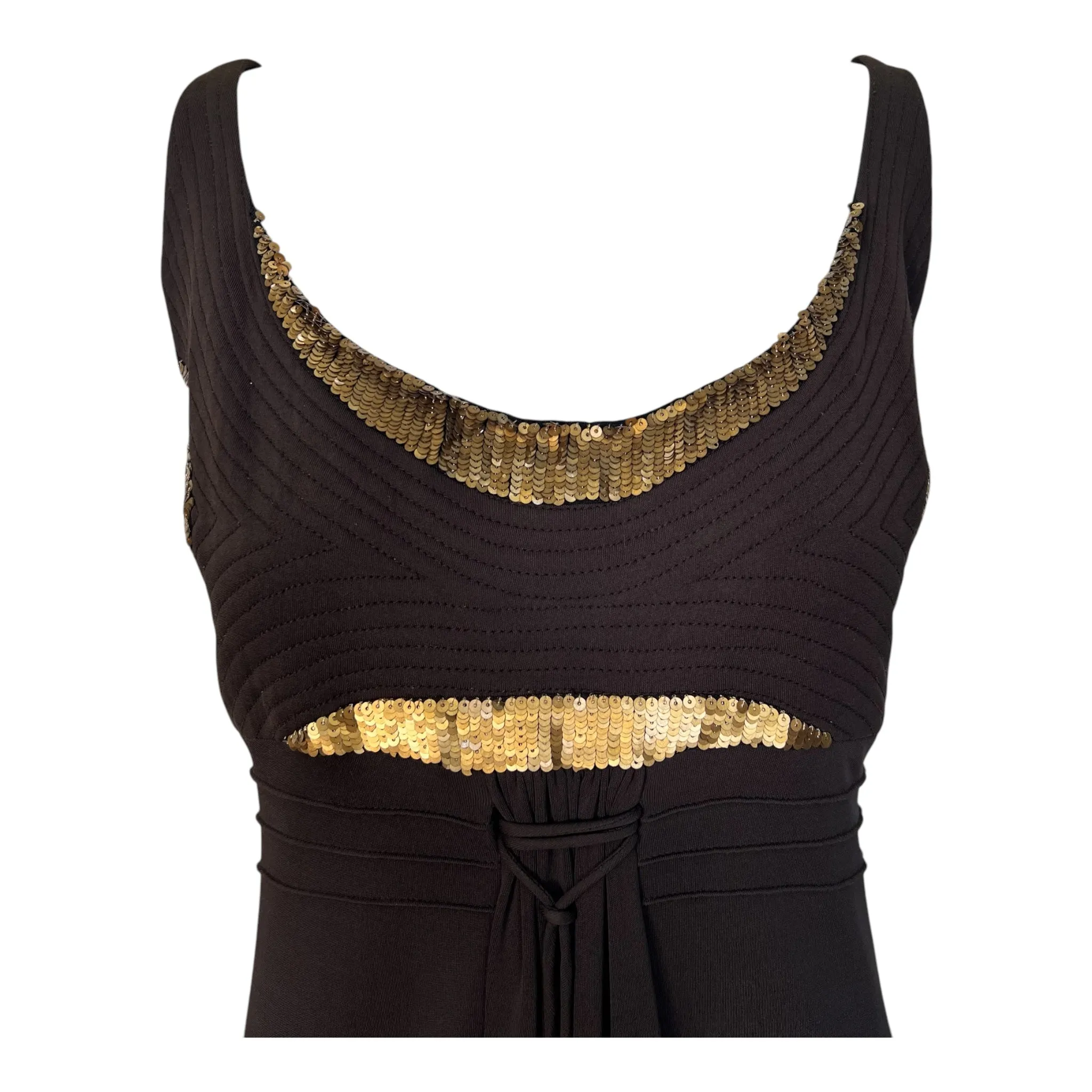 CHADO Ralph Rucci Brown Matte Jersey Dress with Gold Sequin and Quilting Detail
