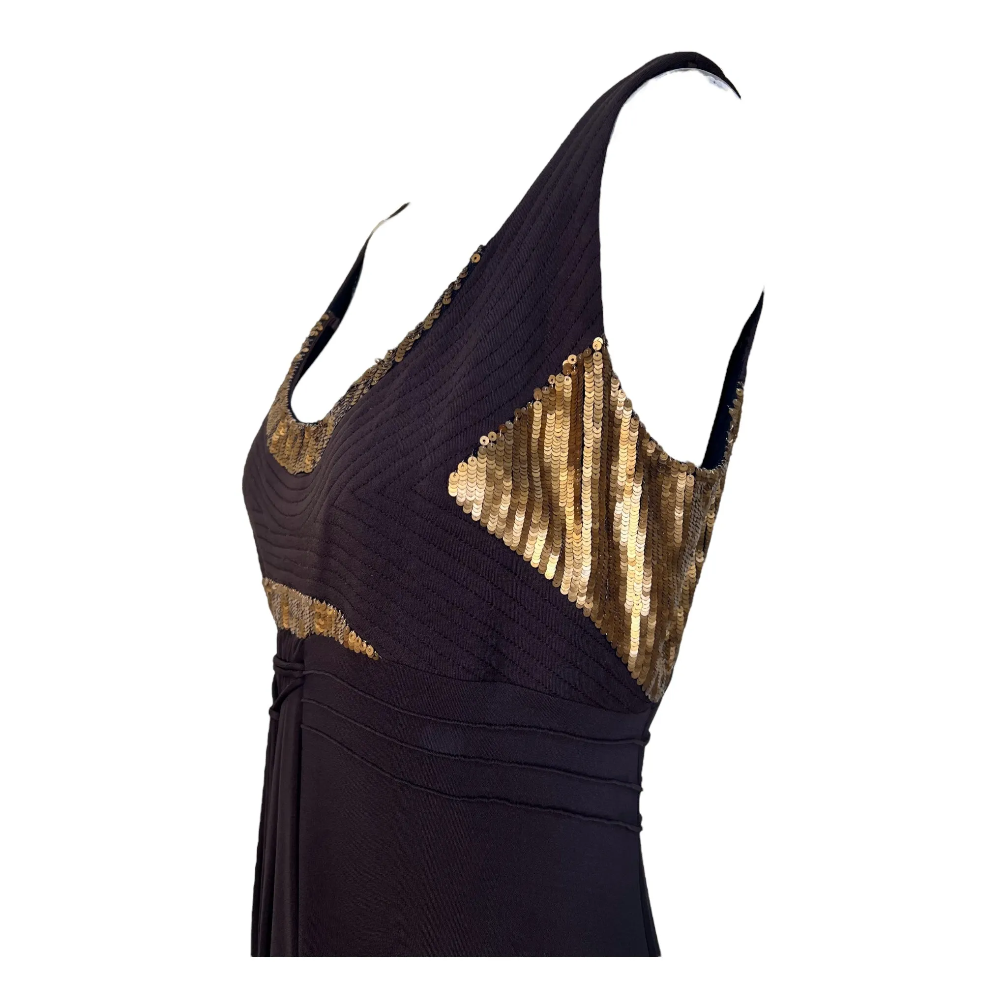 CHADO Ralph Rucci Brown Matte Jersey Dress with Gold Sequin and Quilting Detail
