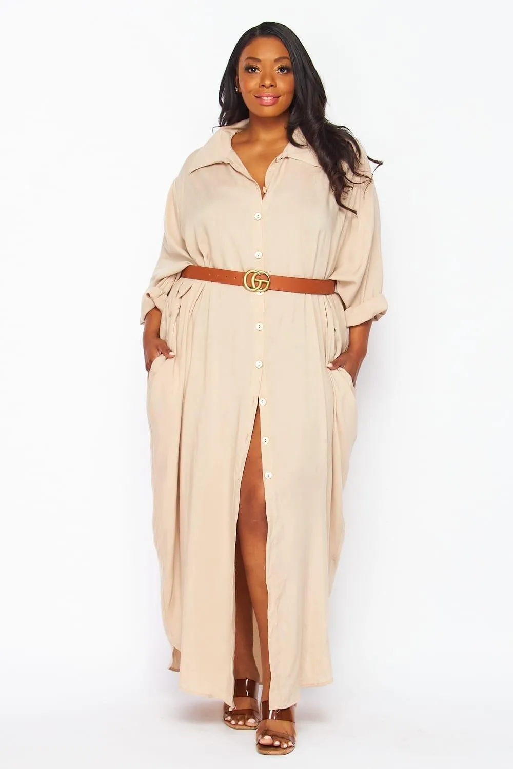 Chic Taupe Button Down Shirt Dress