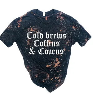 Cold Brew Coffins And Covens Shirt | Halloween Bleached Tee | Unisex Crew