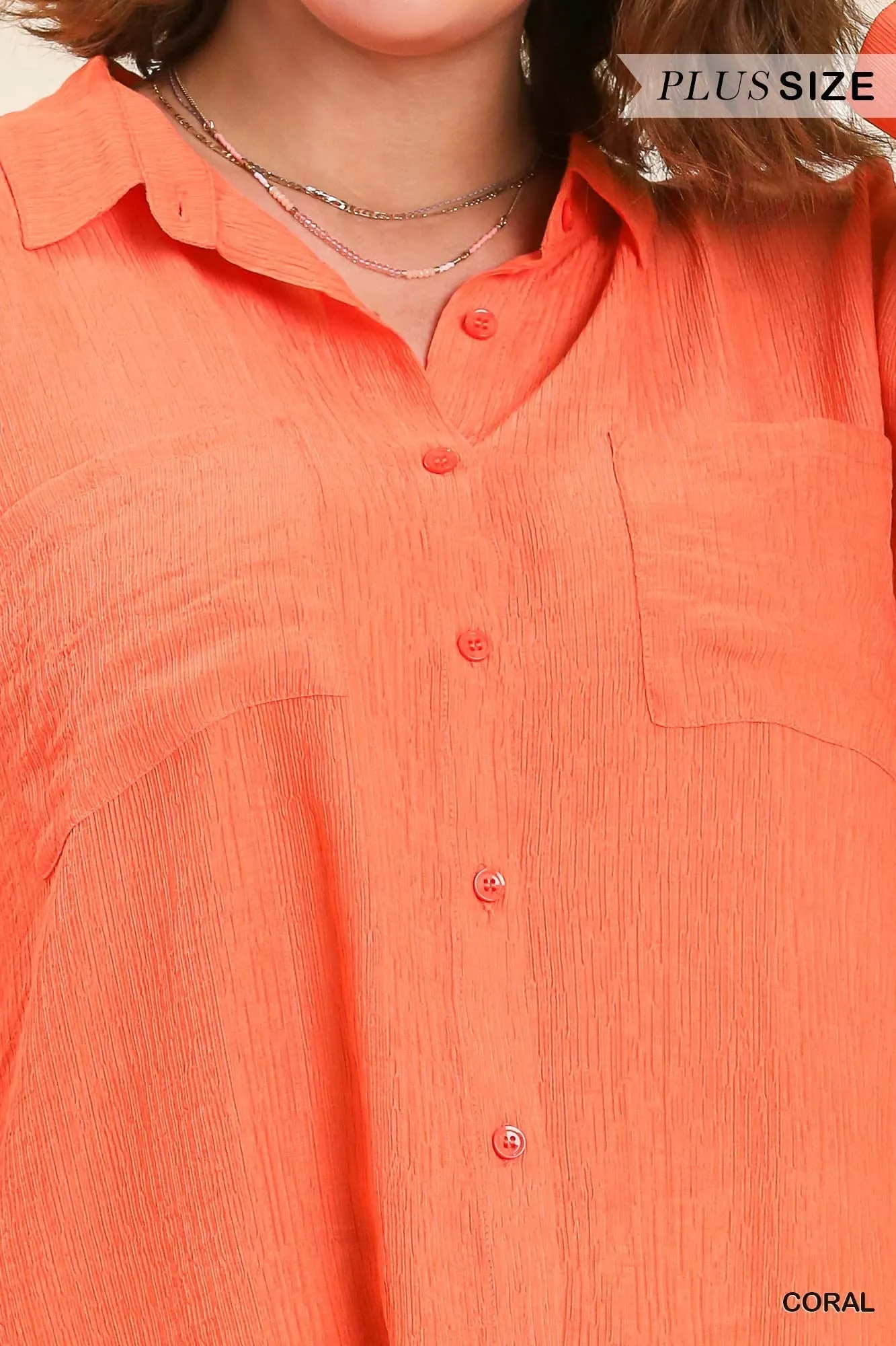 Coral Long Sleeve Gauze Button Up Top