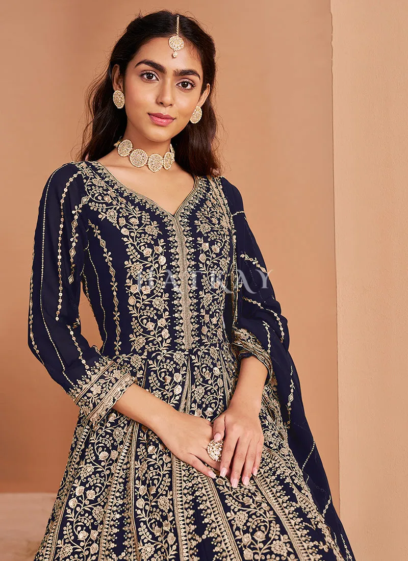 Dark Blue Embroidery Anarkali Suit