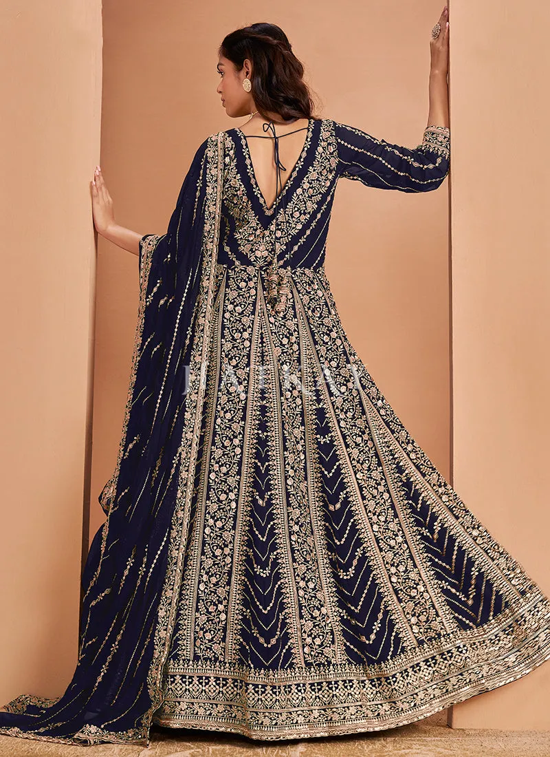 Dark Blue Embroidery Anarkali Suit