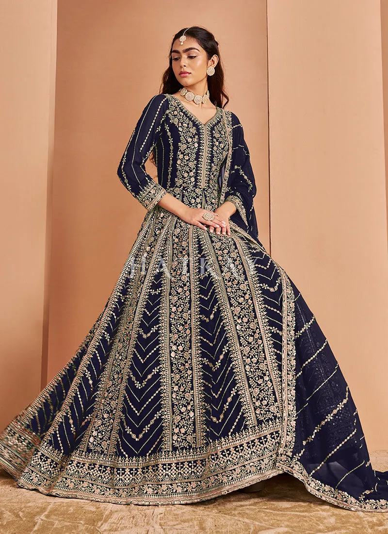 Dark Blue Embroidery Anarkali Suit