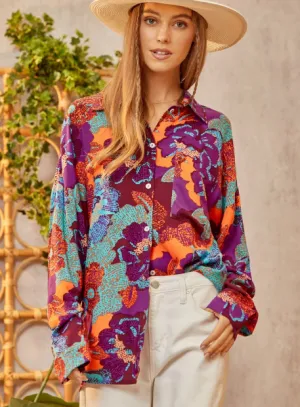 Emily Printed Button Down Blouse in Magenta