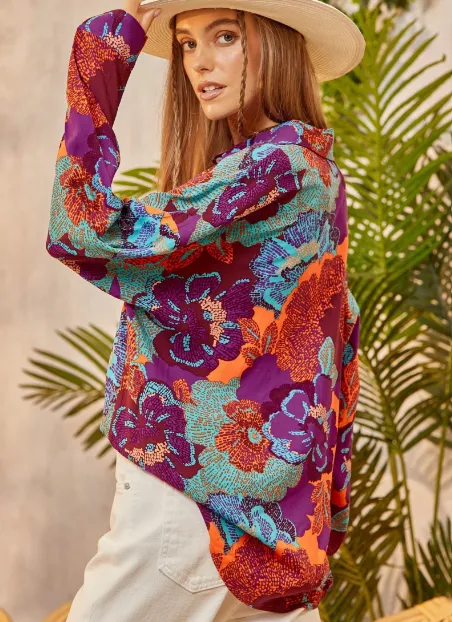 Emily Printed Button Down Blouse in Magenta