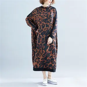 Fall High Neck Leopard Plus Size Long Dresses