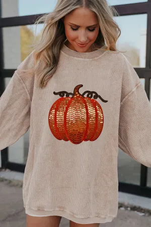 Fall Ribbed Sequin Pumpkin Sweatshirt - Apricot