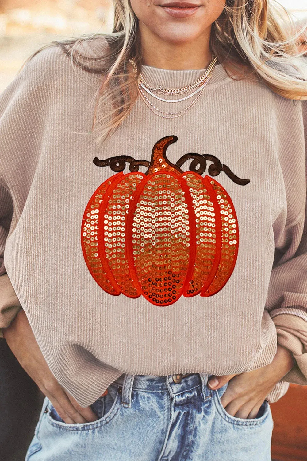 Fall Ribbed Sequin Pumpkin Sweatshirt - Apricot