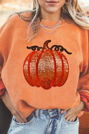 Fall Ribbed Sequin Pumpkin Sweatshirt - Orange