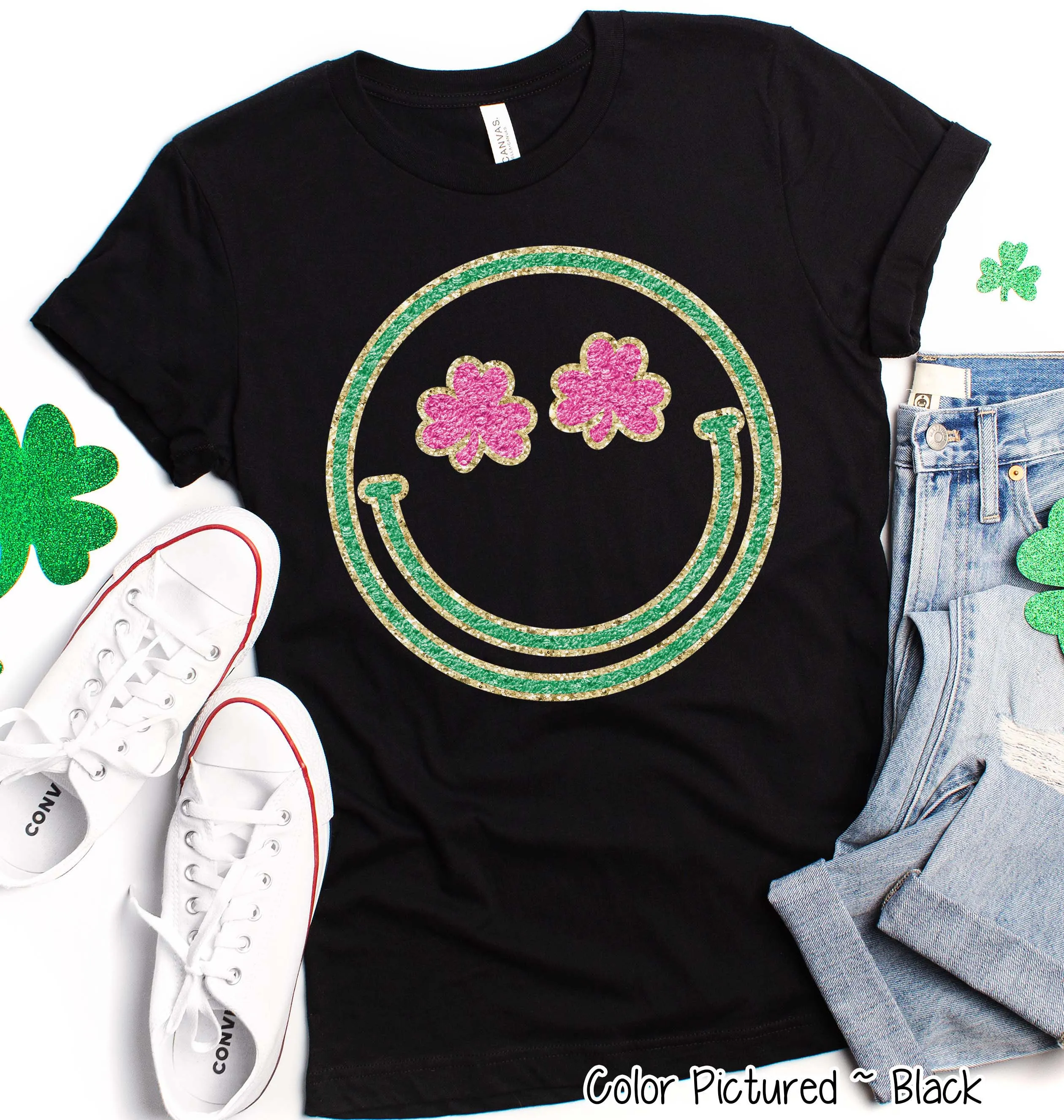 Faux Chenille Smile Face St Patricks Day Tee or Sweatshirt