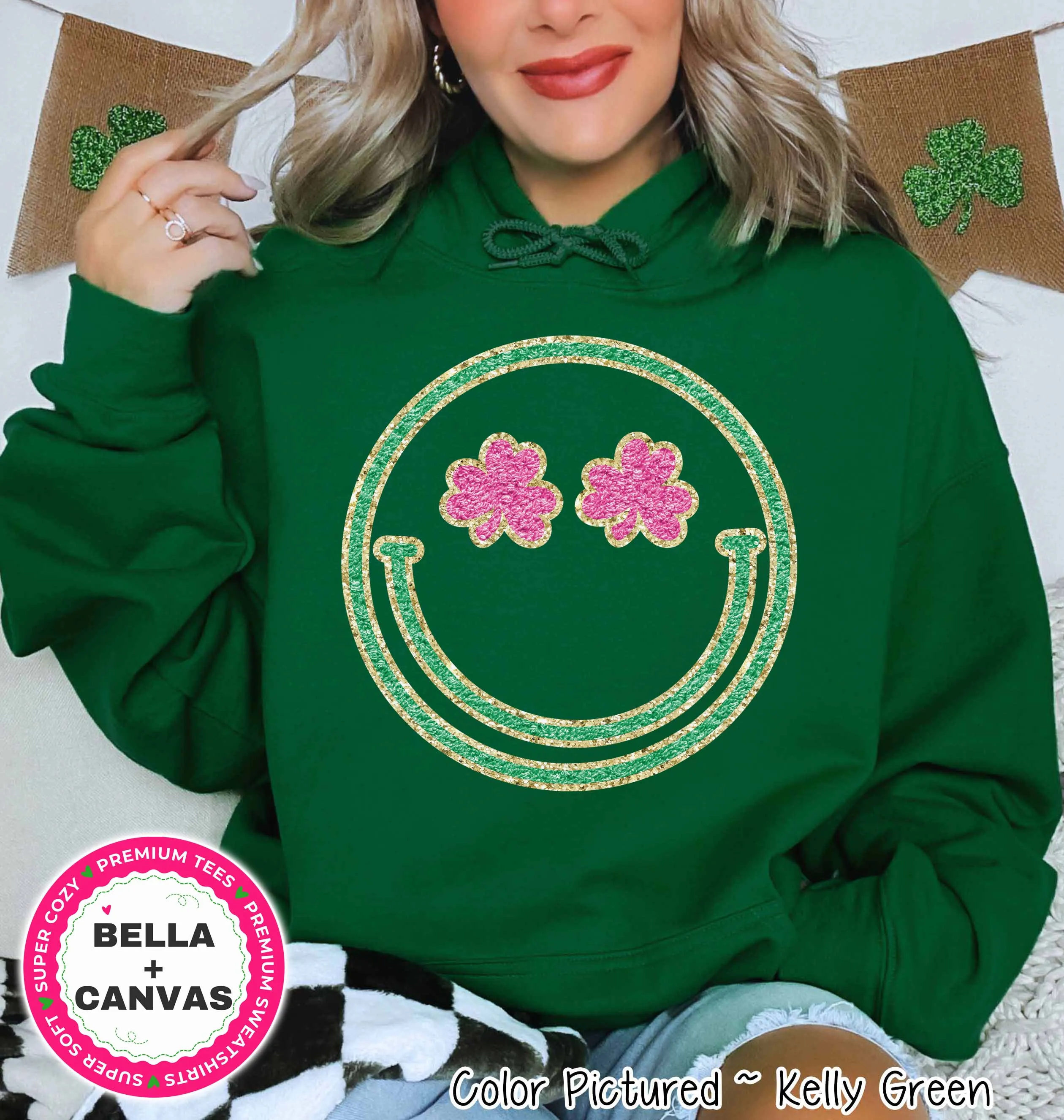 Faux Chenille Smile Face St Patricks Day Tee or Sweatshirt