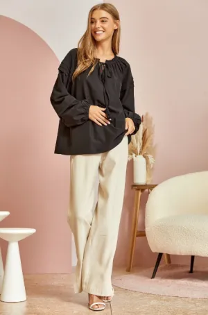 Gabby Woven Blouse with Pleated Sleeves in Black
