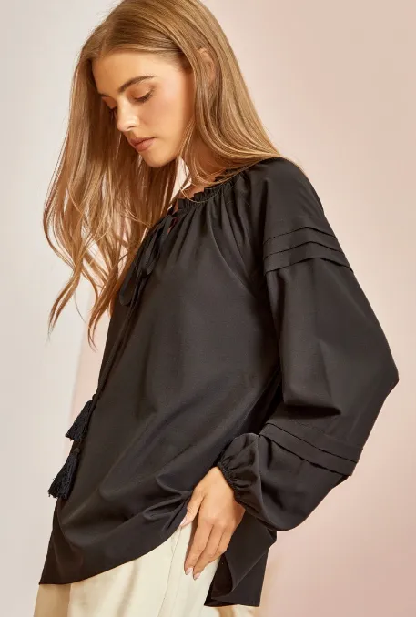 Gabby Woven Blouse with Pleated Sleeves in Black
