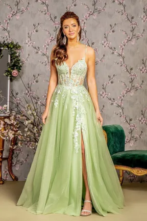 GL 3212 - Layered Tulle A-Line Prom Gown with Sheer 3D Applique Bodice Lace Up Corset Back & Leg Slit