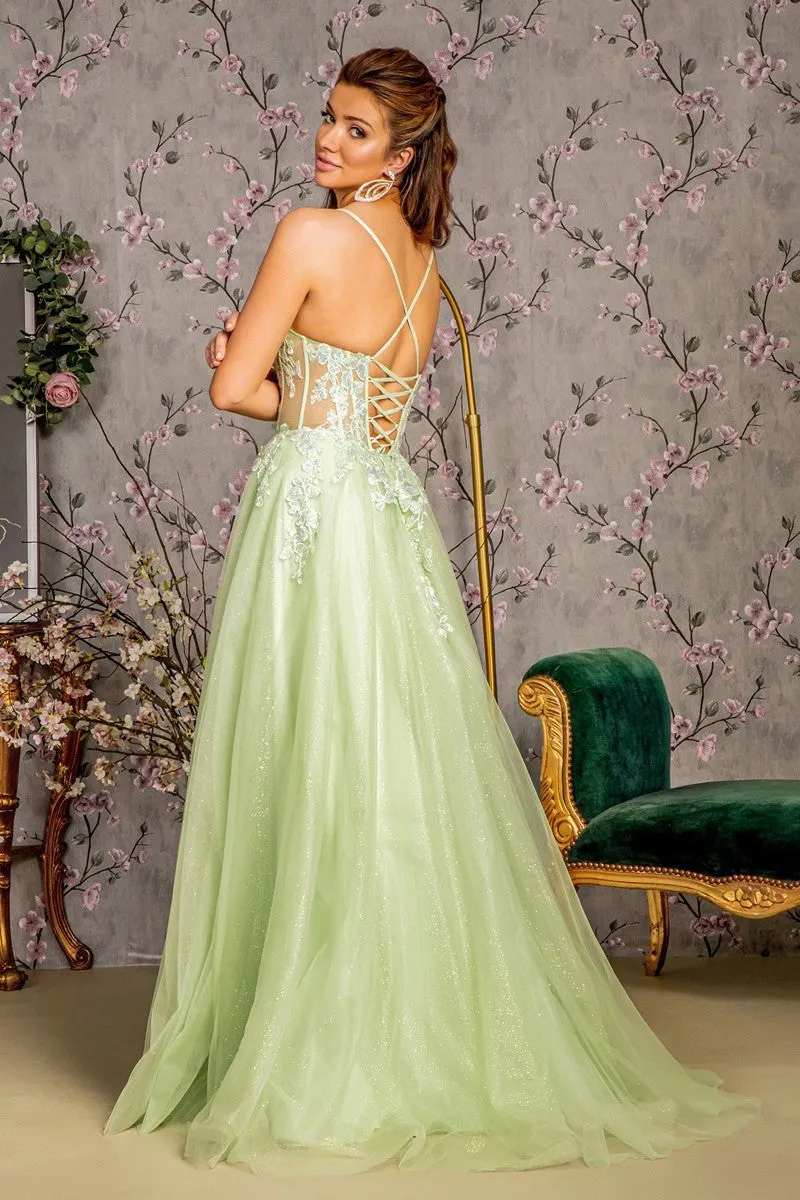 GL 3212 - Layered Tulle A-Line Prom Gown with Sheer 3D Applique Bodice Lace Up Corset Back & Leg Slit