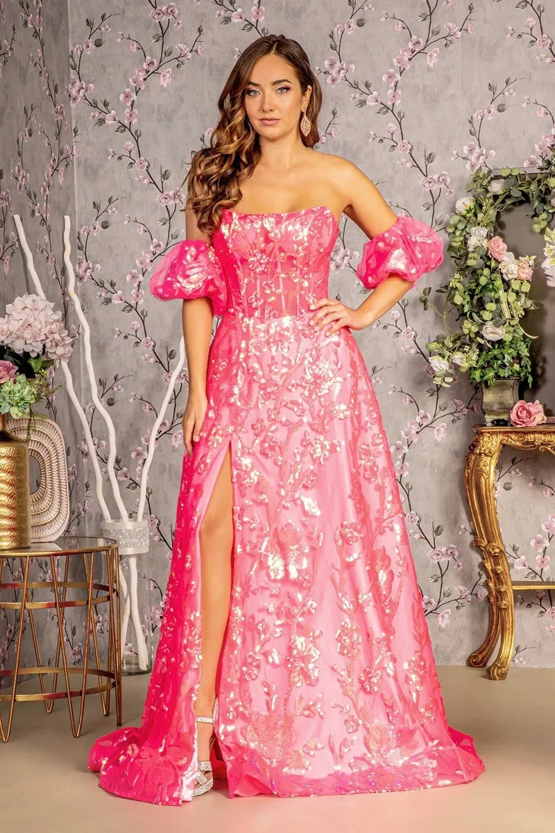 GL 3311 - Strapless Iridescent Sequin Print A-Line Prom Gown with Sheer Boned Corset Bodice Leg Slit Puff Sleeves & Lace Up Corset Back