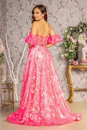 GL 3311 - Strapless Iridescent Sequin Print A-Line Prom Gown with Sheer Boned Corset Bodice Leg Slit Puff Sleeves & Lace Up Corset Back