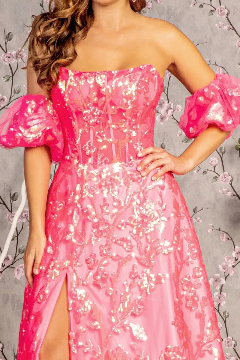 GL 3311 - Strapless Iridescent Sequin Print A-Line Prom Gown with Sheer Boned Corset Bodice Leg Slit Puff Sleeves & Lace Up Corset Back