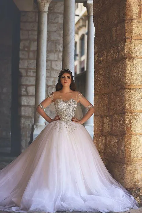 Glamorous Illusion Half Sleeve Tulle Wedding Dress Beadings Ball Gown-710610