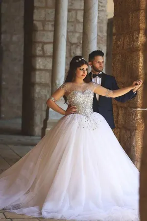 Glamorous Illusion Half Sleeve Tulle Wedding Dress Beadings Ball Gown-710610