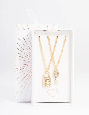 Gold Diamante Lock & Key Necklace Pack