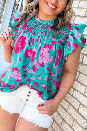 Green Floral Ruffled Sleeve Smocked Plus Size Blouse