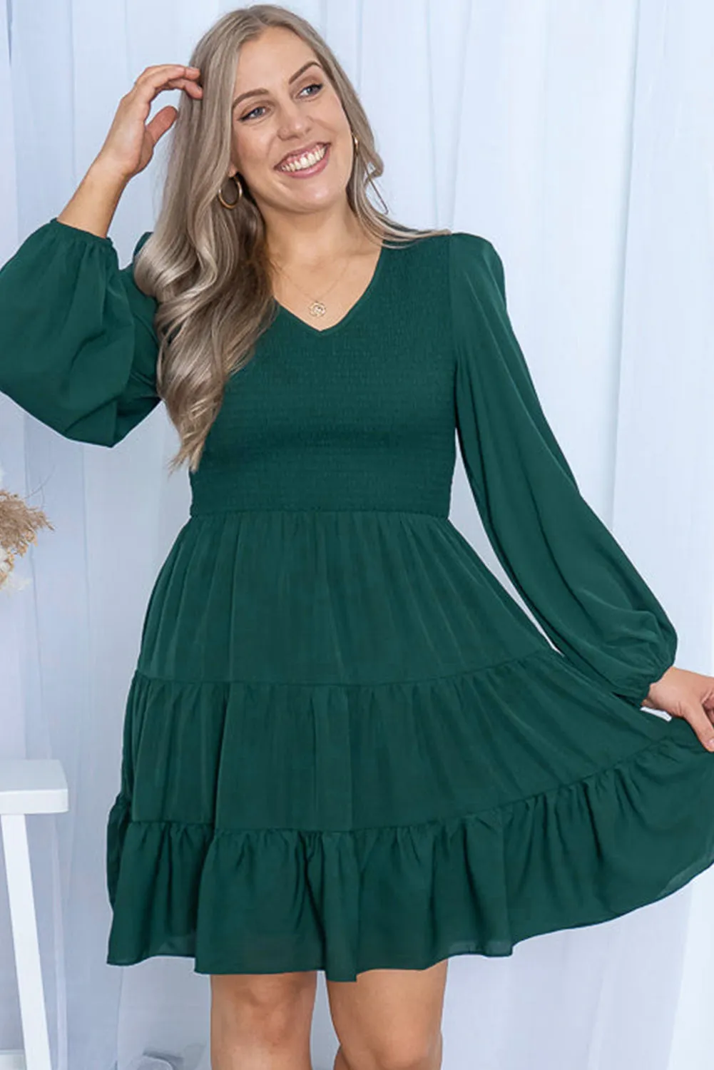 Green Plus Size Puff Sleeve Smocked Tiered Dress