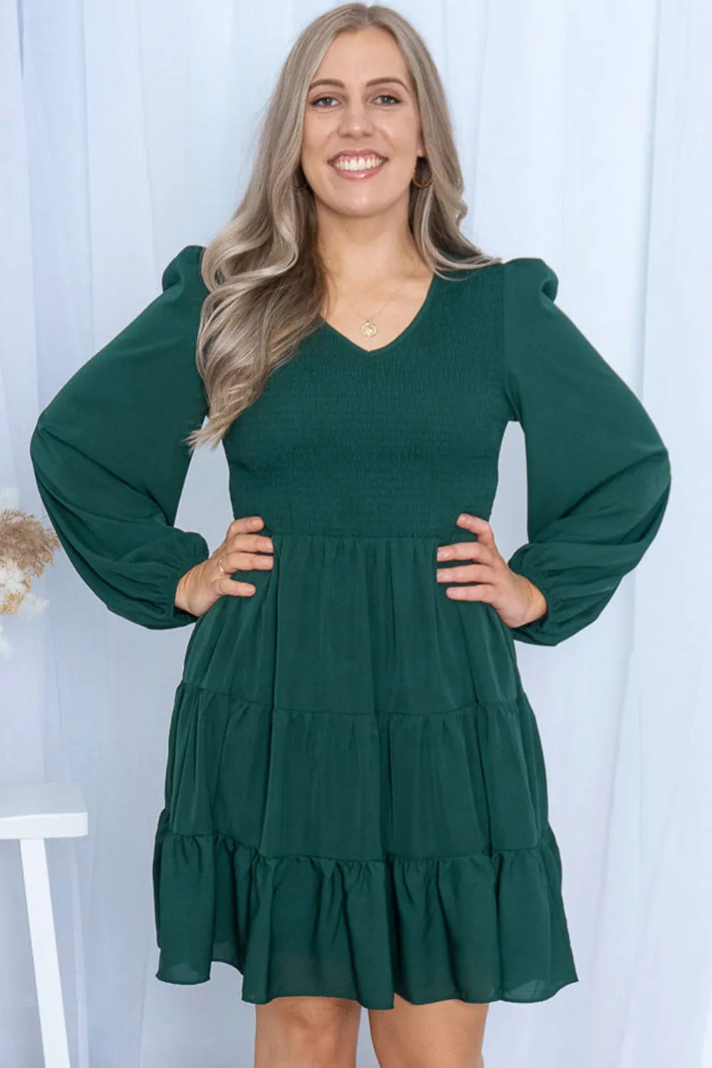 Green Plus Size Puff Sleeve Smocked Tiered Dress