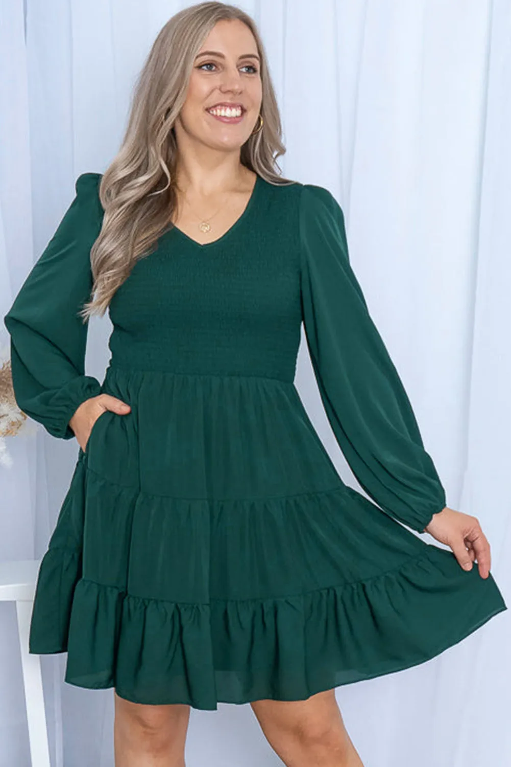 Green Plus Size Puff Sleeve Smocked Tiered Dress