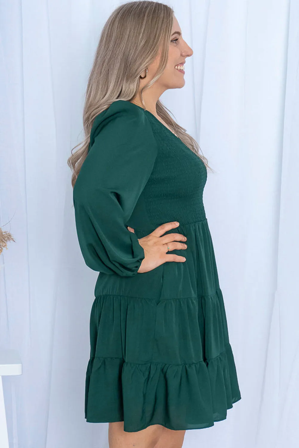 Green Plus Size Puff Sleeve Smocked Tiered Dress
