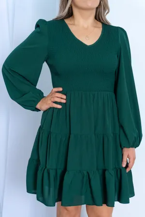 Green Plus Size Puff Sleeve Smocked Tiered Dress