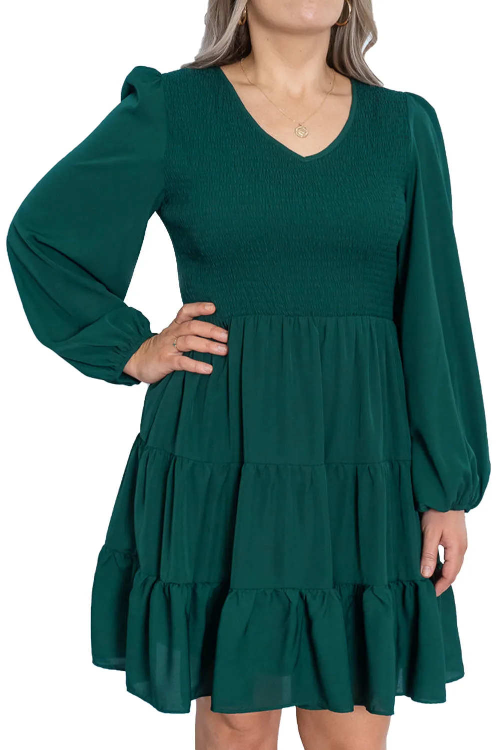 Green Plus Size Puff Sleeve Smocked Tiered Dress
