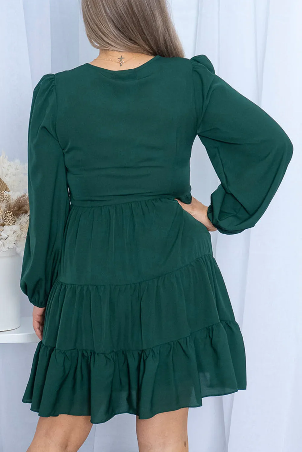 Green Plus Size Puff Sleeve Smocked Tiered Dress