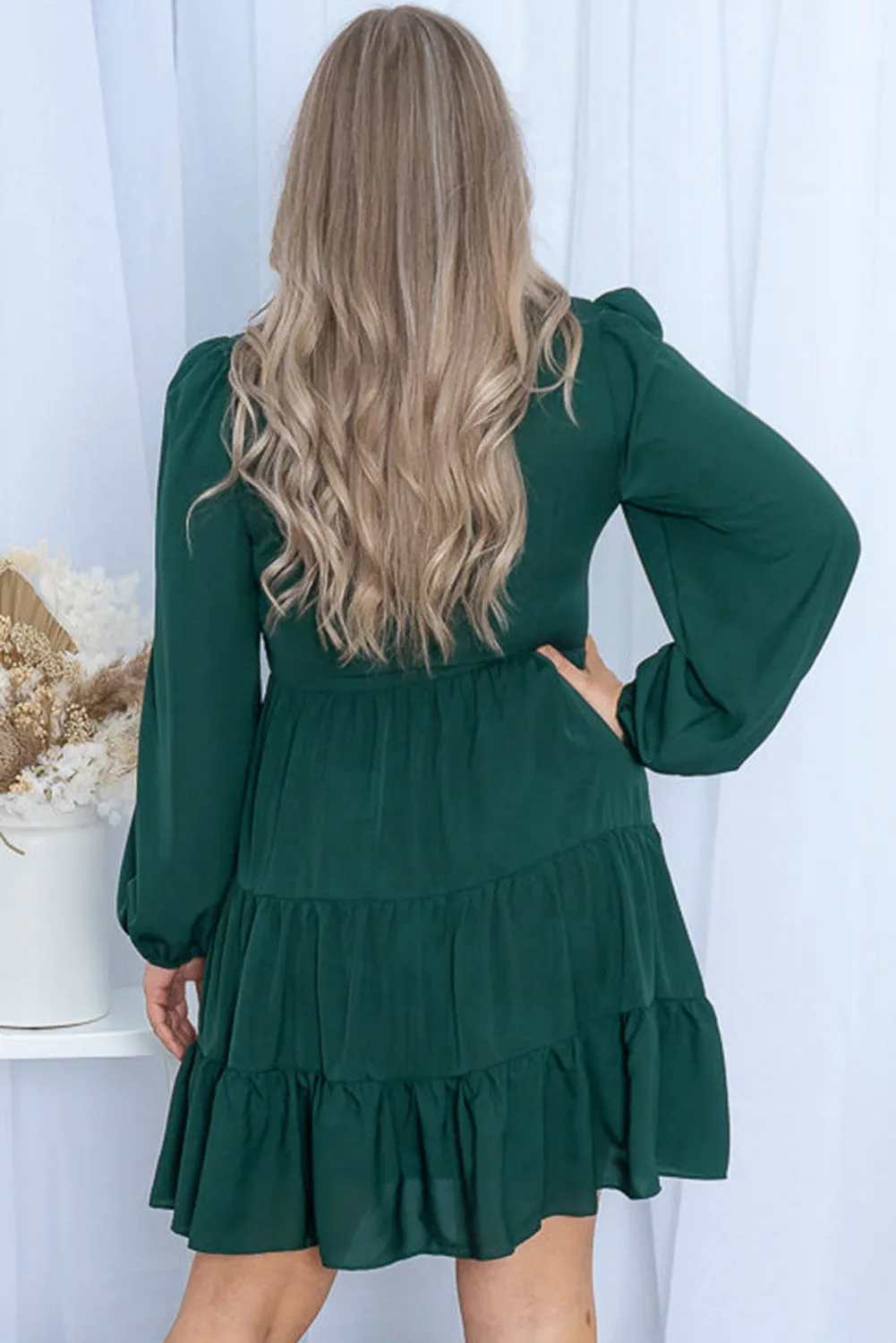 Green Plus Size Puff Sleeve Smocked Tiered Dress